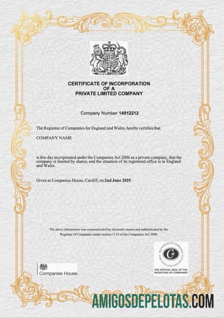 Certificado de constituição de uma empresa privada limitada no Reino Unido para download, modelo Word e PDF, versão 3